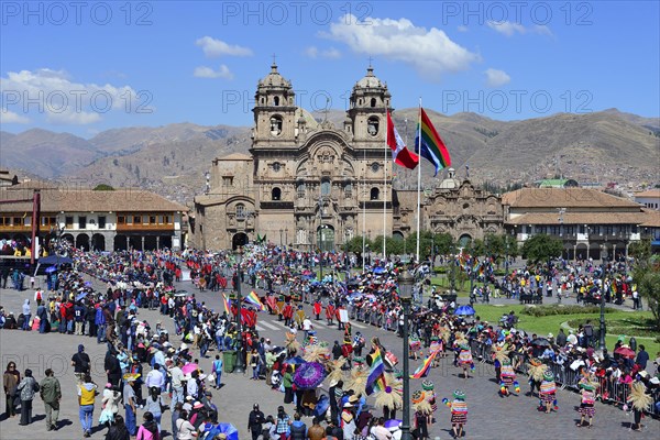 Plaza de Armas with Cathedral Catedral Basilica de la Virgen de la Asuncion during a parade