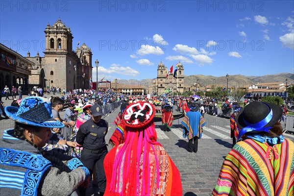 Plaza de Armas with Cathedral Catedral Basilica de la Virgen de la Asuncion during a parade