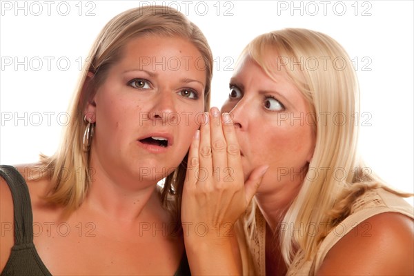 Two blonde woman whispering secrets isolated on a white background