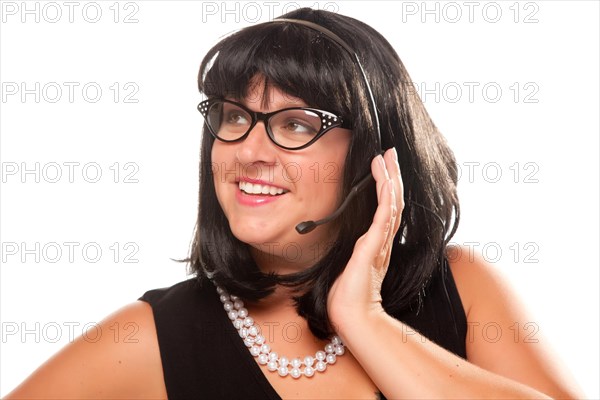 Black haired retro receptionist isolated on a white background