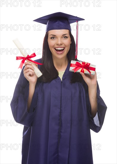 Happy female graduate with diploma and stack of gift wrapped hundred dollar bills isolated on a white background