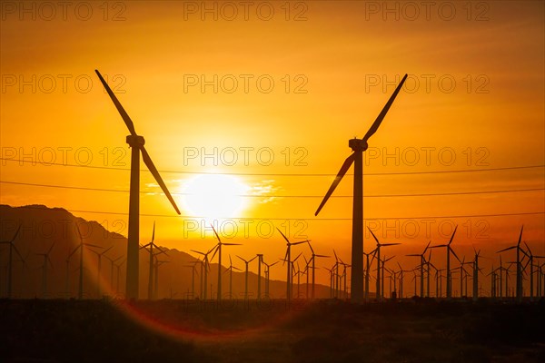 Sun setting over electircal power lines and wind turbine farm silhouetted against poluted desert sky
