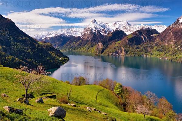 View of Lake Uri and snow-covered mountains Gitschen and Uri-Rotstock