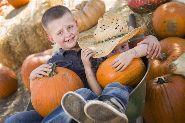 Two little boys playing in wheelbarrow at the pumpkin patch in a rustic country setting