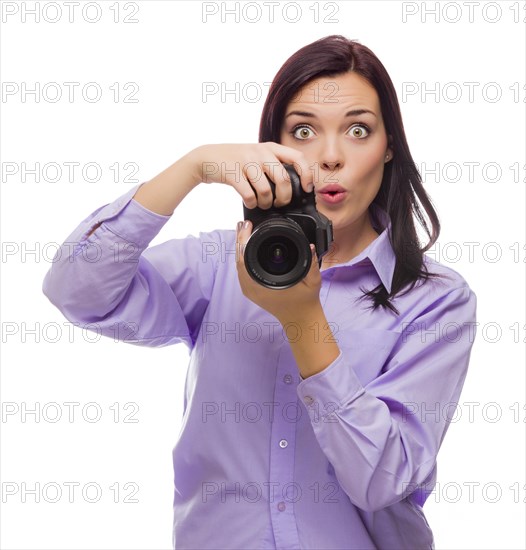 Attractive mixed-race young woman with DSLR camera isolated on a white background