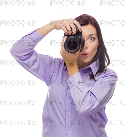 Attractive mixed-race young woman with DSLR camera isolated on a white background