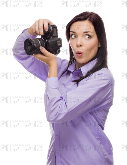 Attractive mixed-race young woman with DSLR camera isolated on a white background