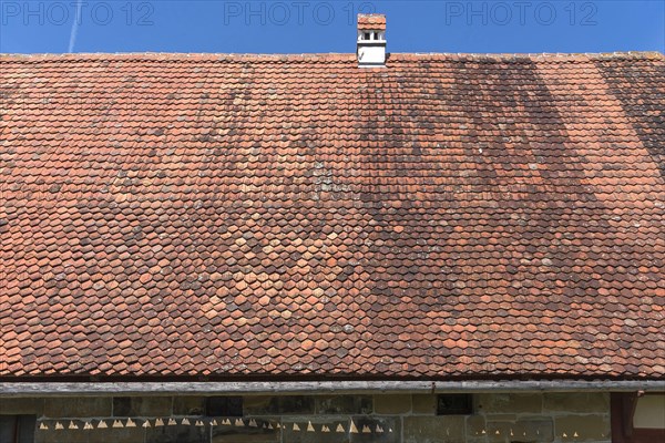 Roof with plain tiles on an old farmhouse from 1695