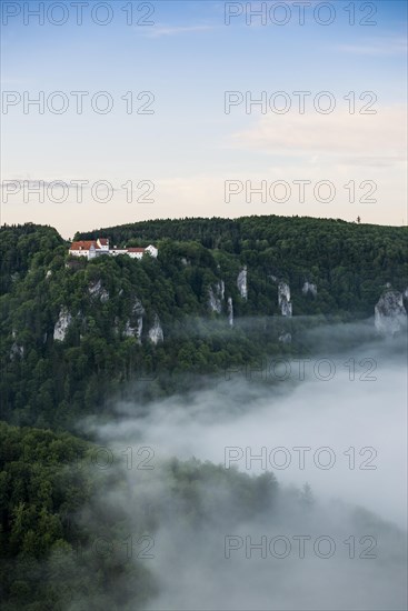 View from Eichfelsen to Wildenstein Castle with morning fog