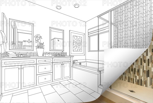 Master bathroom drawing page corner flipping with photo behind