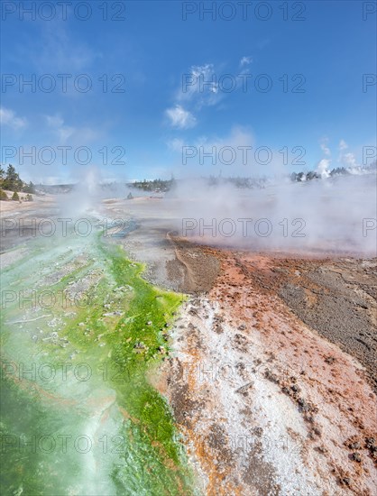 Red mineral deposits and green algae at a thermal spring