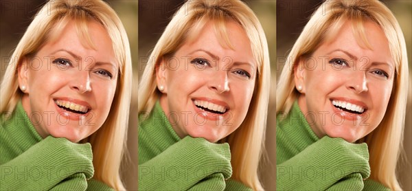 Smiling female showing progressive teeth whitening and bleaching