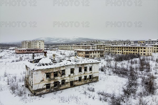 Aerial of the abandoned mining city Kadykchan