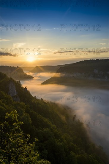 View from Eichfelsen to Werenwag Castle with morning fog