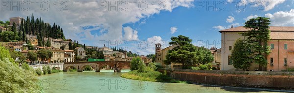 River Adige with Castel San Pietro and the stone bridge Ponte Pietra