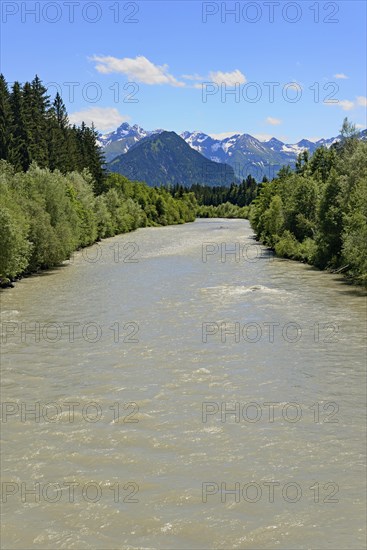 View over the river Iller towards Oberstdorf to the Allgaeu mountains