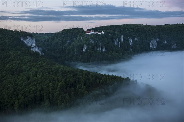 View from Eichfelsen to Wildenstein Castle with morning fog