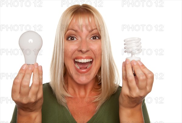 Woman holds energy saving and regular light bulbs isolated on a white background