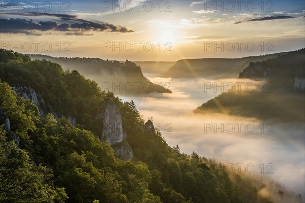 View from Eichfelsen to Werenwag Castle with morning fog