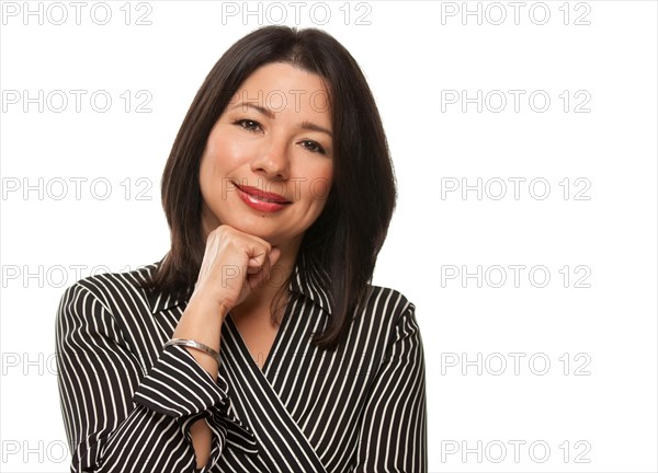 Attractive multiethnic woman resting her chin on her hand isolated on a white background