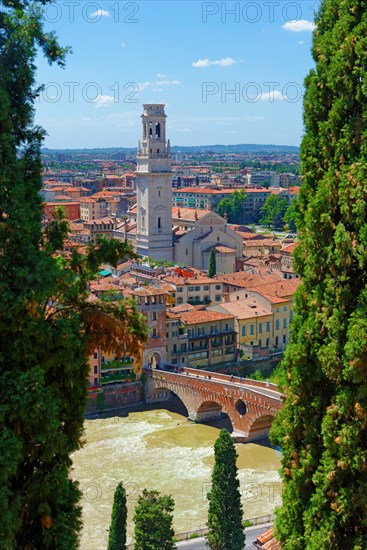 City view Verona with the stone bridge Ponte Pietra and the river Adige