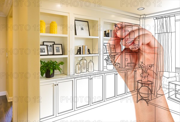 Hand drawing home built-in shelves and cabinets with photo cross section showing