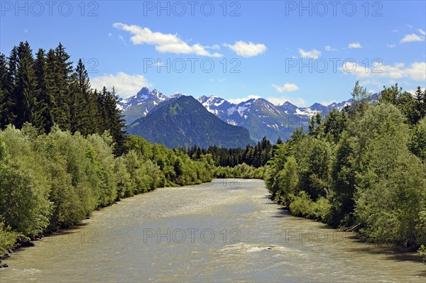 View over the river Iller towards Oberstdorf to the Allgaeu mountains