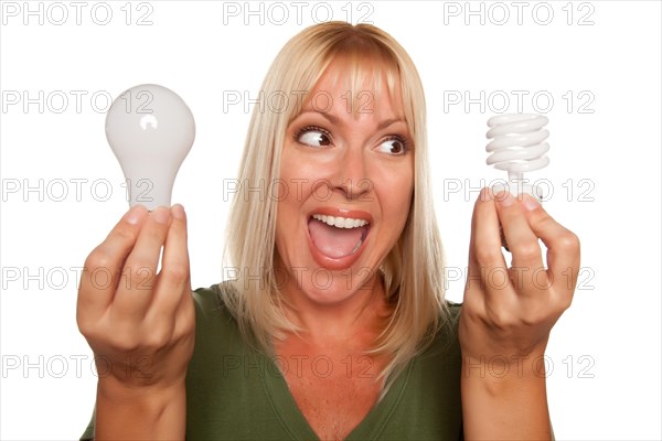 Woman holds energy saving and regular light bulbs isolated on a white background