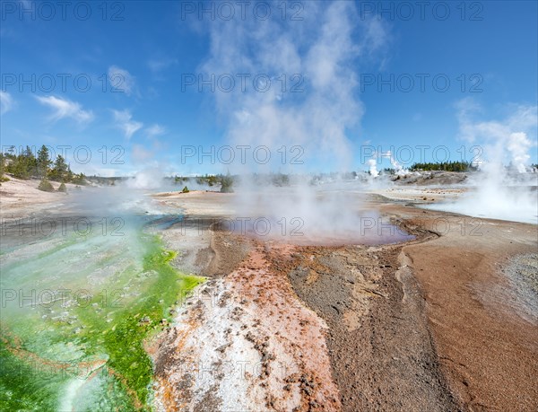 Red mineral deposits and green algae at a thermal spring