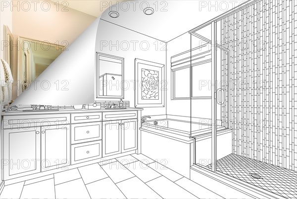 Master bathroom drawing page corner flipping with photo behind