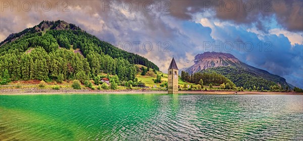 Church tower in Lake Reschen