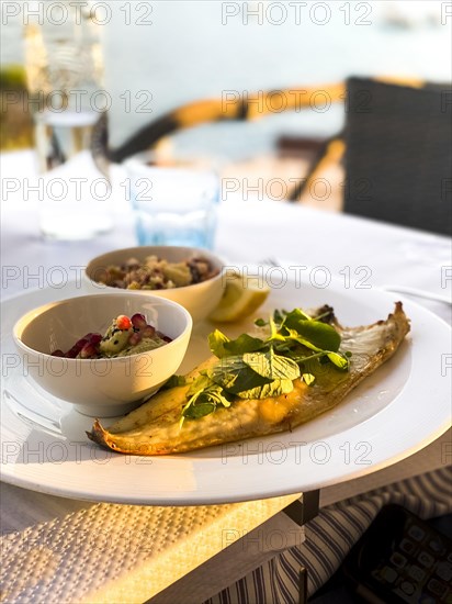 Grilled turbot fillet with side dishes