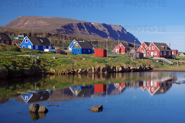 Red and blue wooden houses