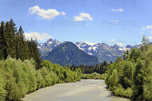 View over the river Iller towards Oberstdorf to the Allgaeu mountains