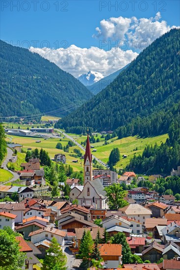 Mountain village Nauders with Ortler mountain range