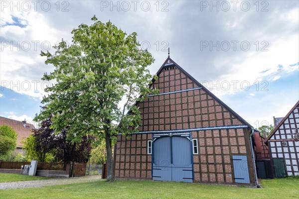 Half-timbered house in the round village of Satemin