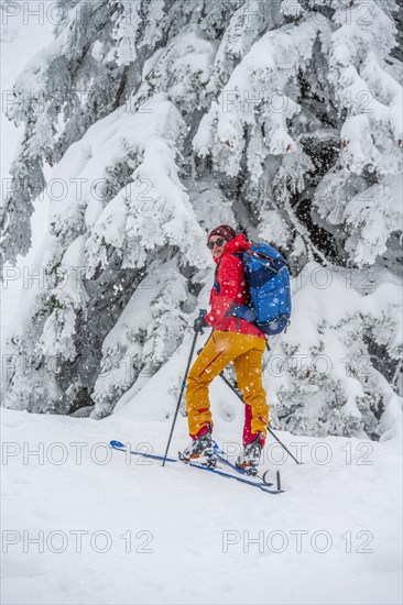 Young woman on ski tour in snowfall