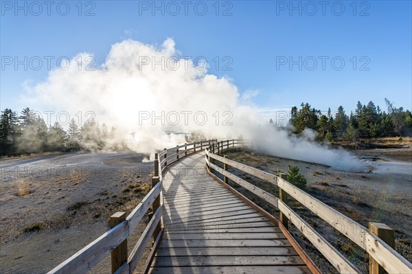 Boardwalk between steaming hot springs