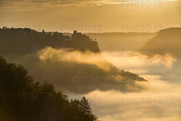 View from Eichfelsen to Werenwag Castle with morning fog