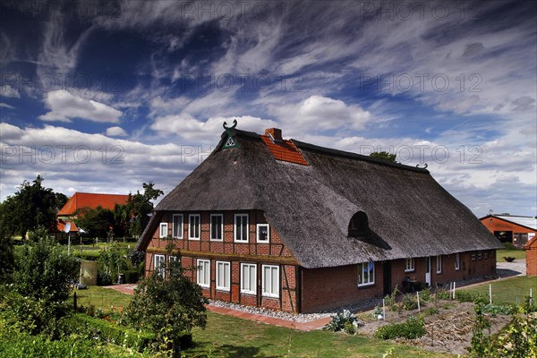 Thatched hall house in the marshland village of Konau
