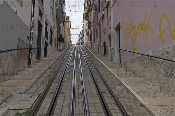 Rails of the funicular Elevador da Bica