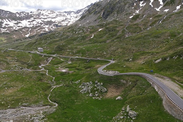 Aerial view of the south side of the Spluegen Pass in the direction of Montespluga