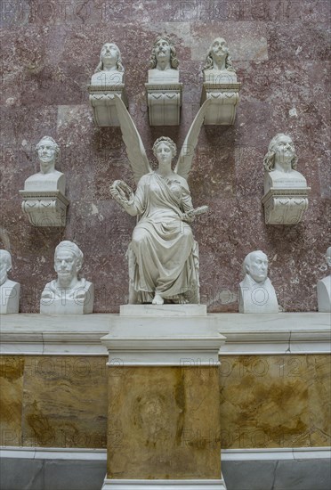 Commemorative plaques in the interior of the Neo-classical Walhalla hall of fame on the Danube. Bavaria