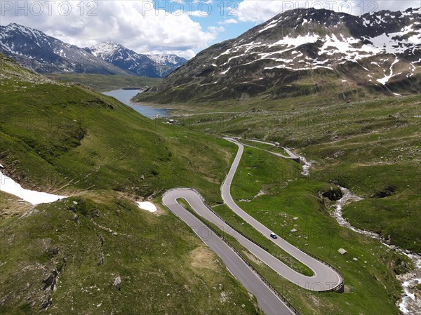 Aerial view of the south side of the Spluegen Pass in the direction of Montespluga