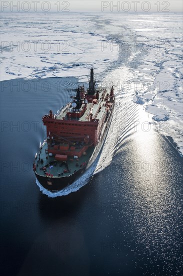 Aerial of the Icebreaker '50 years of victory' on its way to the North Pole