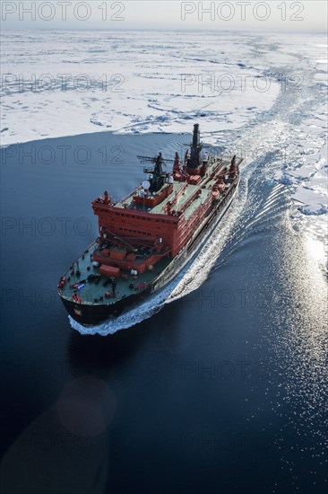 Aerial of the Icebreaker '50 years of victory' on its way to the North Pole