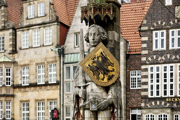 Bremen Roland in front of historic gabled houses