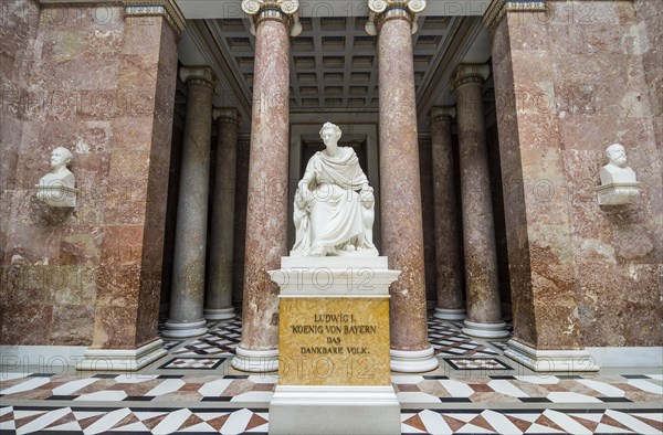 King Ludwig I statue in the interior of the Neo-classical Walhalla hall of fame on the Danube. Bavaria