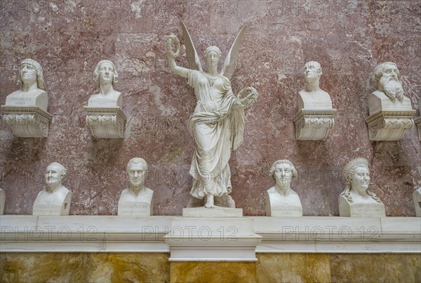 Commemorative plaques in the interior of the Neo-classical Walhalla hall of fame on the Danube. Bavaria