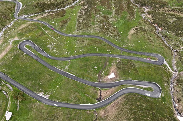 Aerial view of the serpentines on the north side of the Spluegen Pass